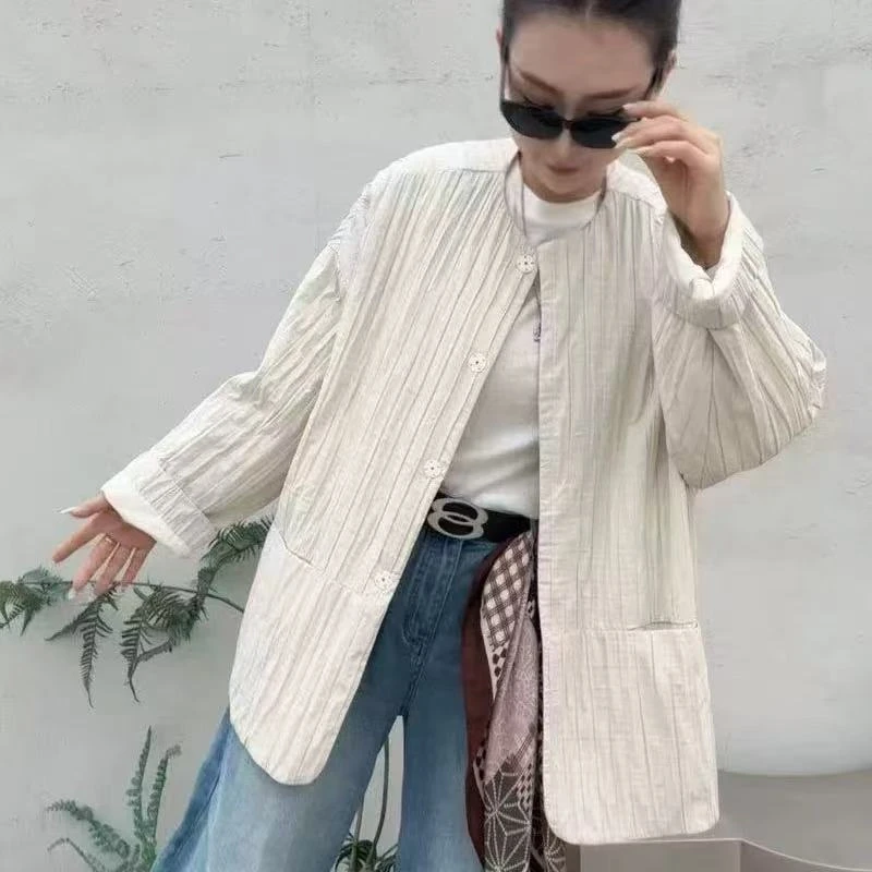 7315轻薄棉服女秋冬新款韩版简约时尚压褶圆领宽松纯色中长款外套
