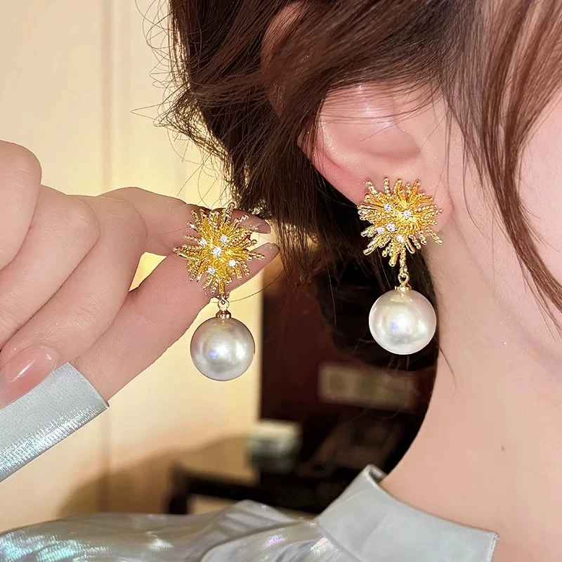 铜合金仿珍珠耳饰 【A32号】小众设计感独特金色烟花珠珠气质耳饰