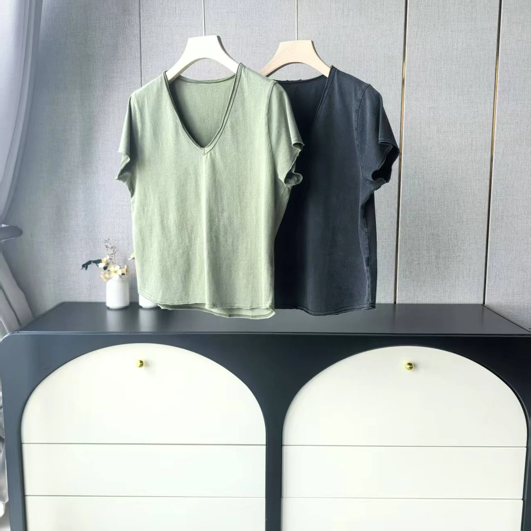 木子家I   25740【鸡心领卷边】知性软糯纯棉短袖