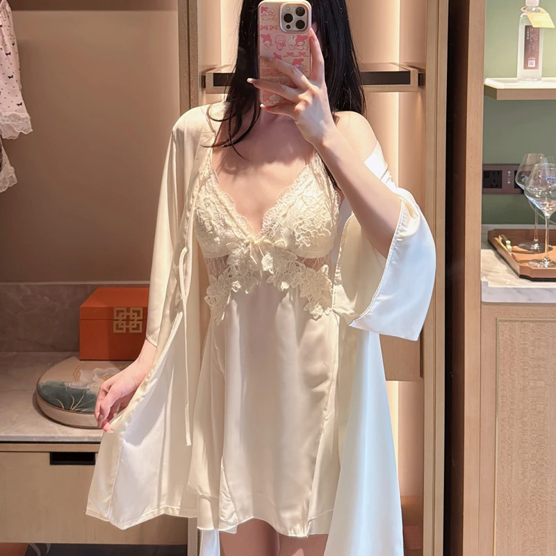 2025夏季新款刺绣冰丝蕾丝纯欲风吊带睡裙带胸垫睡袍家居服两件套