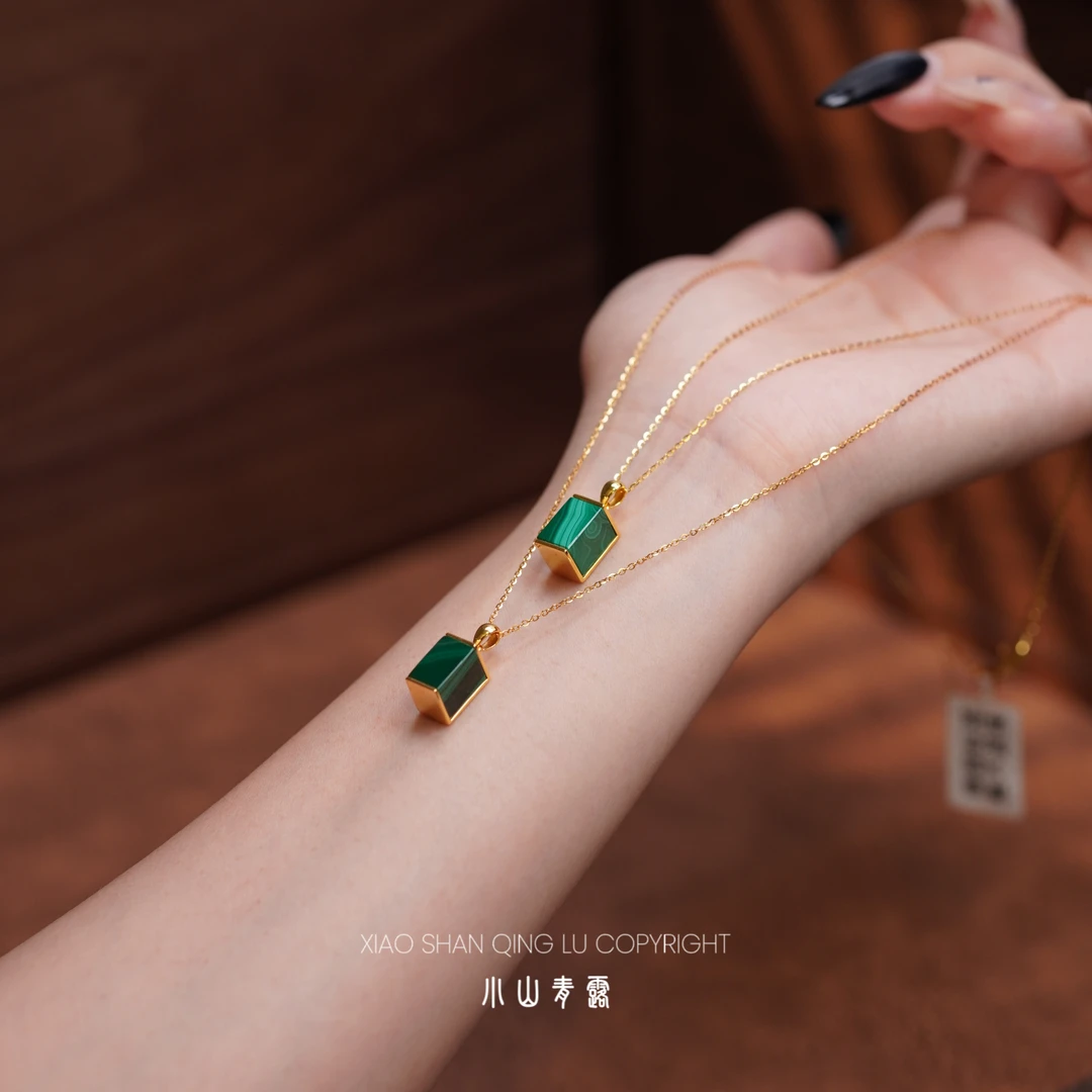 【QIY1895】孔雀石方形轻奢项链 S925银镶嵌 长40+4cm-多样性发其一