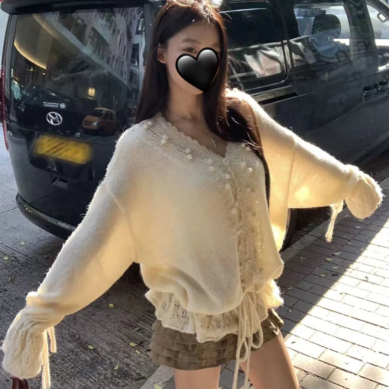 zy@85532 韩系早秋宽松百搭针织蕾丝气质外套 9-15
