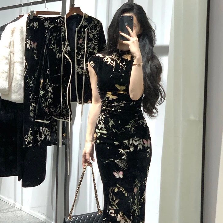 从一时刻  黑色丝绒外套+鱼尾半身裙套装CY-S23398