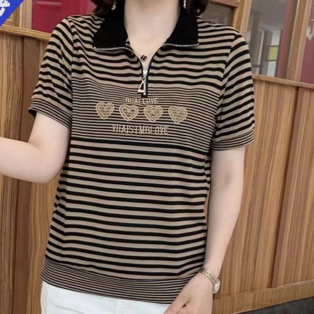 时尚高档女装妈妈短袖T恤夏季新款显瘦休闲条纹百搭拉链立领上衣