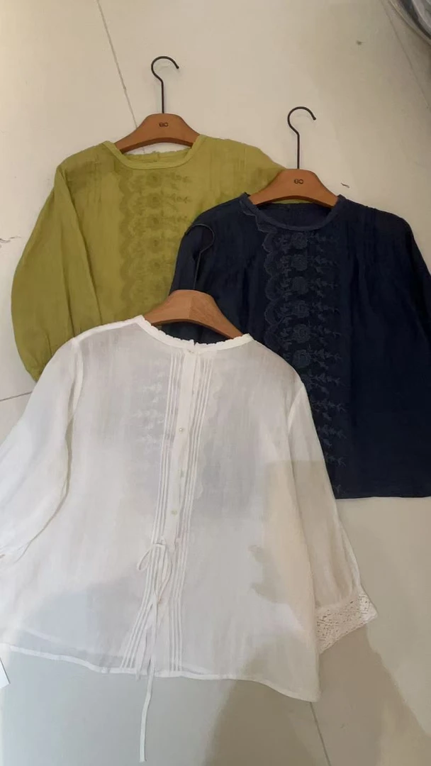 939麻料刺绣系带上衣小衫时尚百搭两面穿