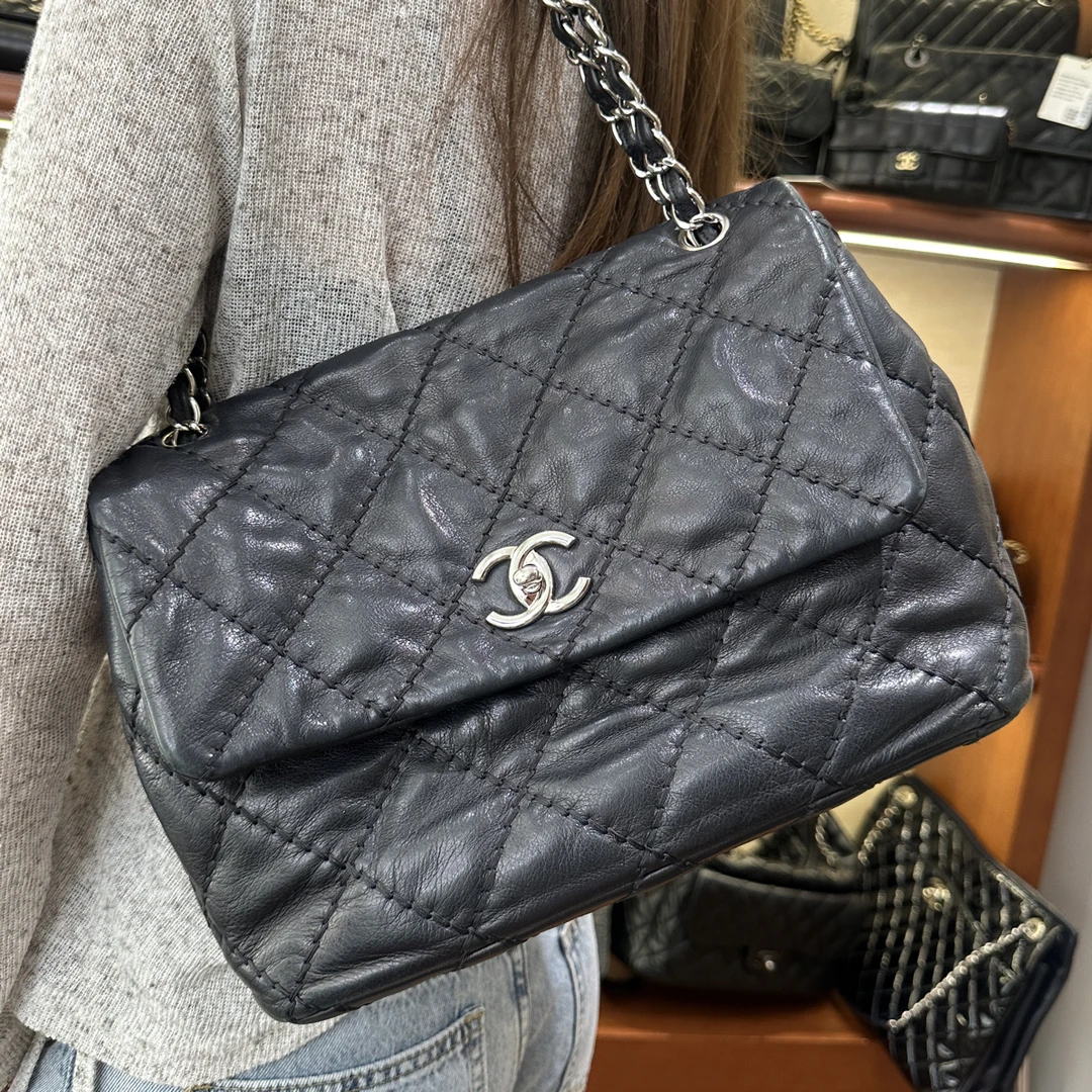 95新 Chanel/香奈儿 Chanel黑银外缝线 机场包单肩包 小号