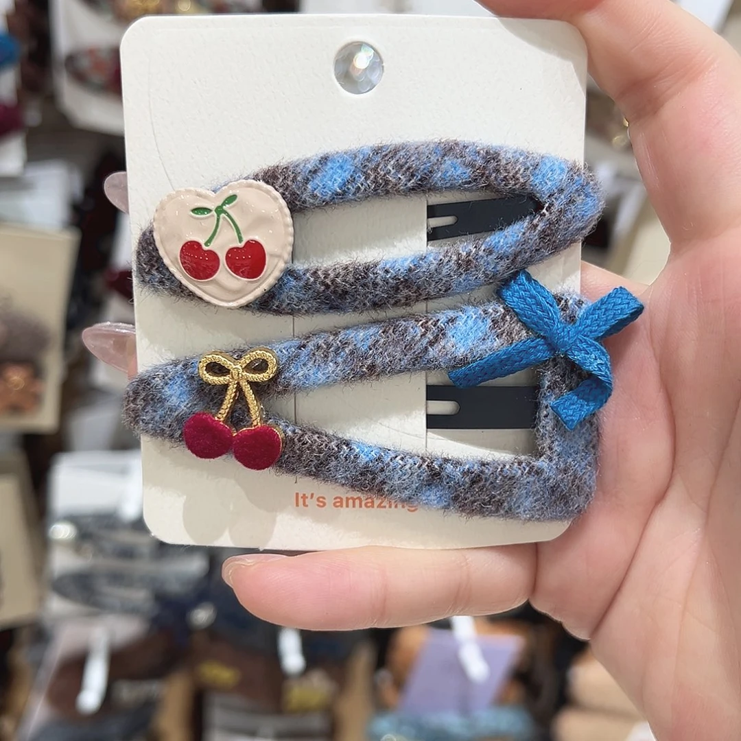 皮质铁合金蓝色格子樱桃掰掰夹