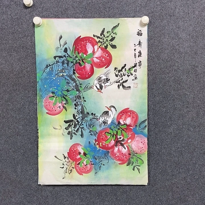 国画四尺三开花鸟一副