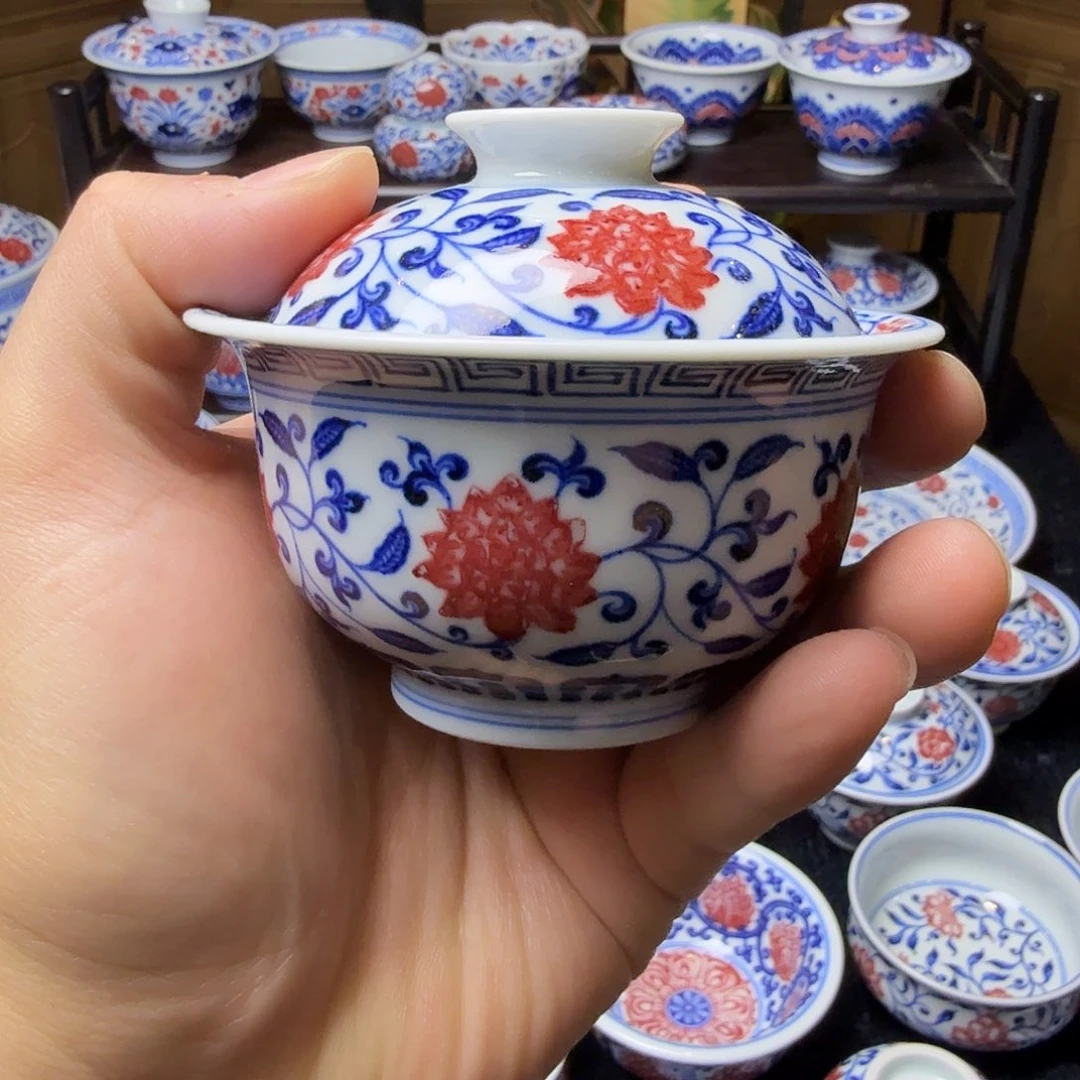 青花釉里红小叶子盖碗100ml