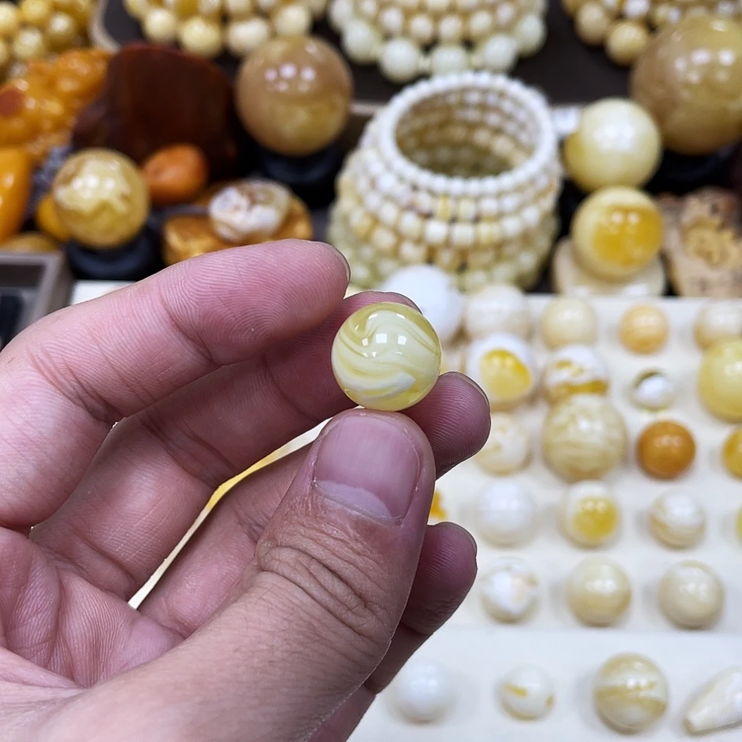 蜜蜡未镶嵌珠宝奇石14.9mm【焦皮拉丝金瓷白】瑕疵·打孔不予退货
