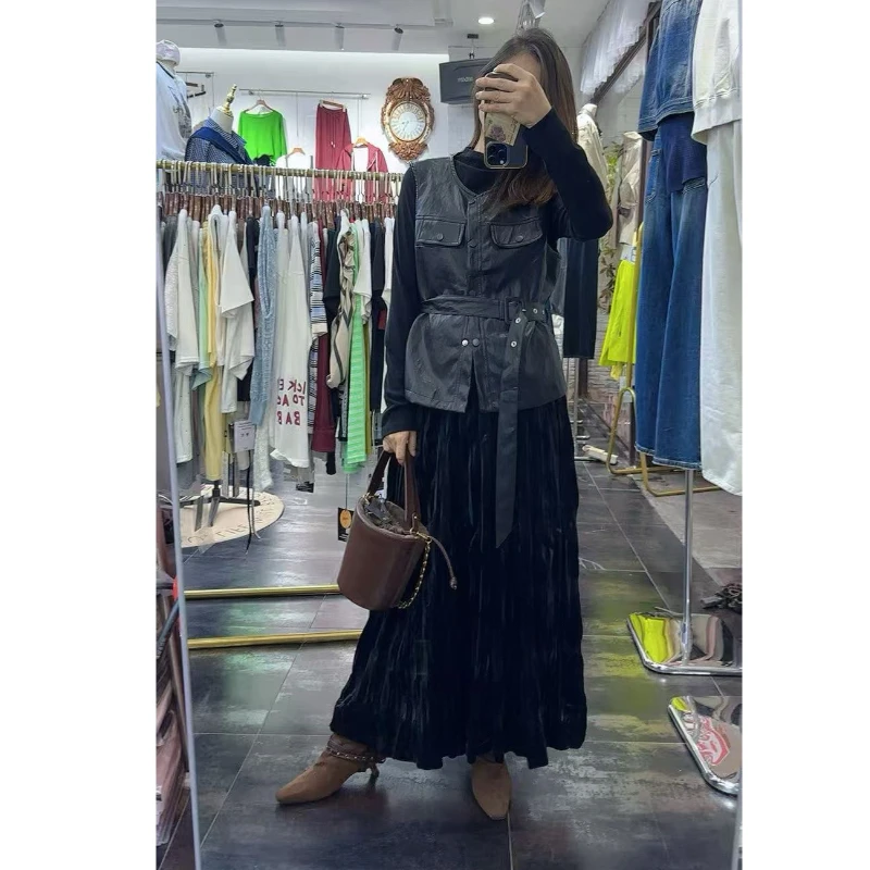 秋季新品复古气质优雅设计感小众马甲褶皱半身裙长袖衫三件套女潮