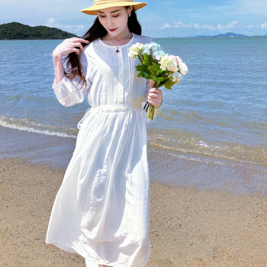 【原版】夏季新款沙滩连衣裙白色三亚大理海边旅游长裙大摆丝麻高级