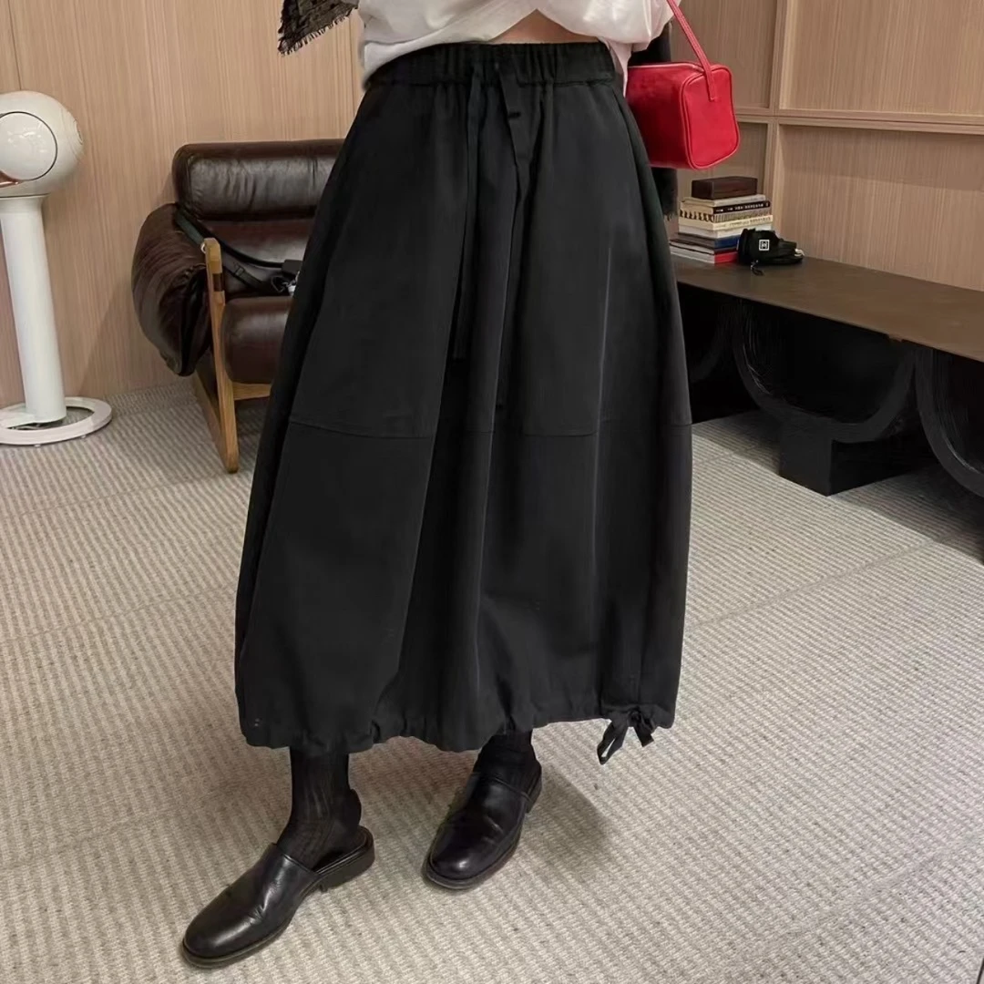 【西單會馆】黑色复古时尚时尚百搭显瘦系带纯色抽绳花苞半身裙