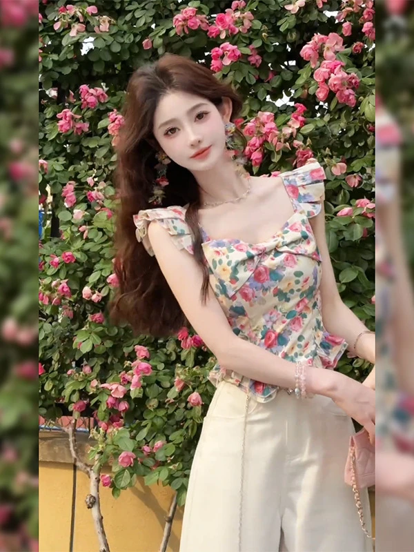 甜美风蝴蝶结碎花飞飞袖衬衫女2025夏季新款高腰短款上衣气质女装