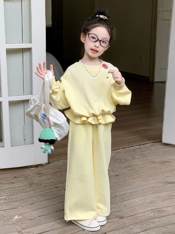 2025女童秋装新款女童韩版黄色套装洋气时髦休闲卫衣花边卫裤套装
