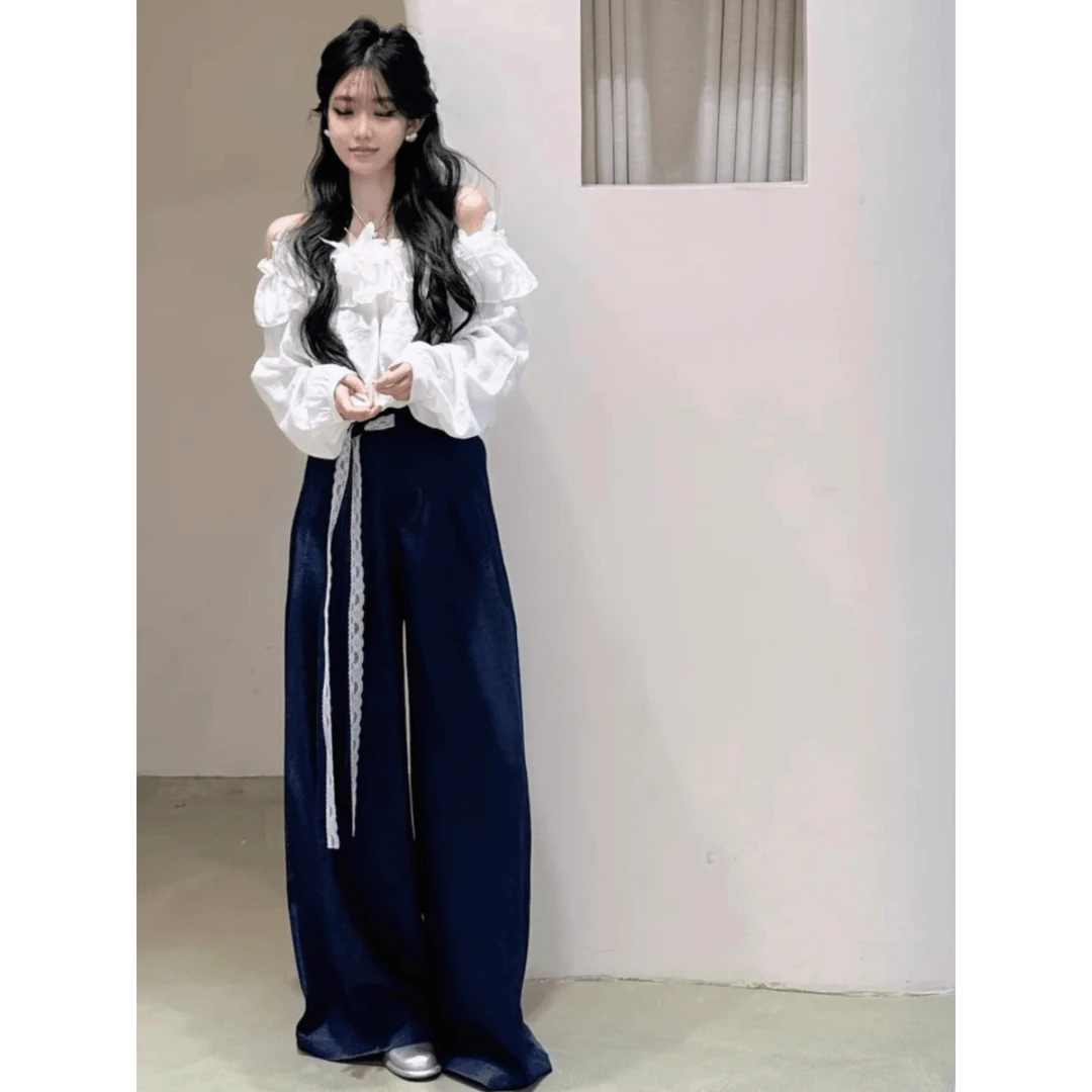 MARIE.COCO秋季法式松弛白色露肩衬衫秋季慵懒休闲垂感阔腿裤套装