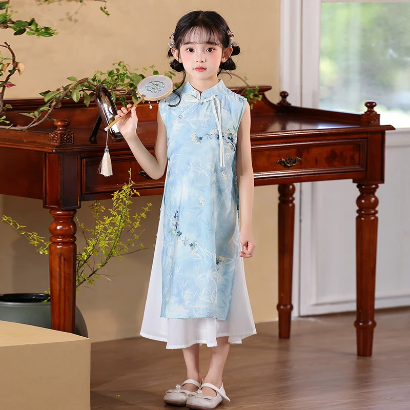 2025款女大童奥黛旗袍蓝色新中式国风汉服连衣裙六一儿童古筝