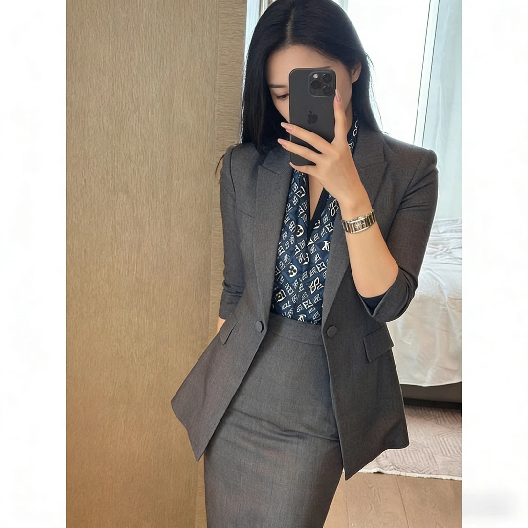 高级感夏季气质女神范时尚职业正装通勤西装套装高腰半身裙两件套