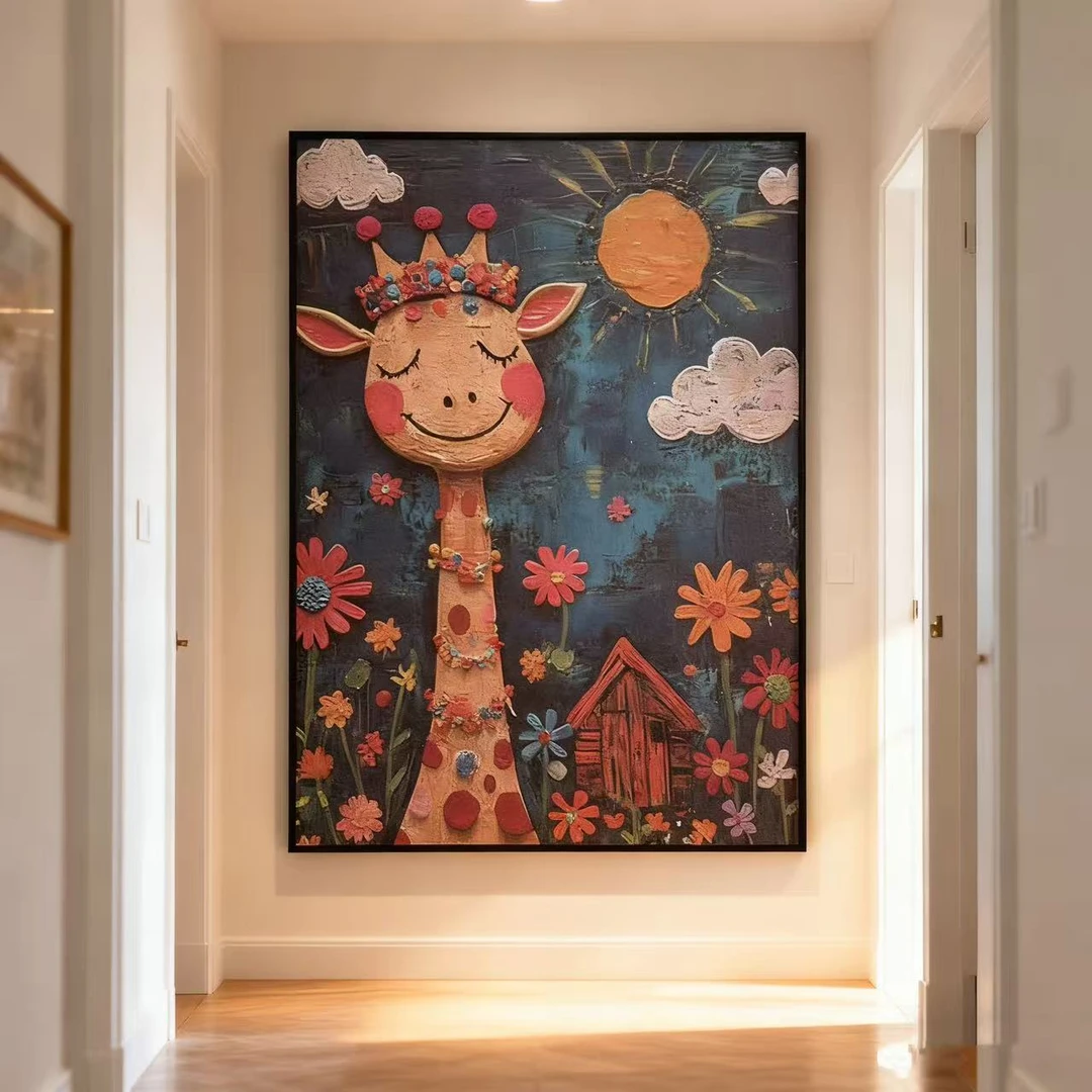D22立体肌理长颈鹿挂画卧室床头系童话风格装饰画50*70