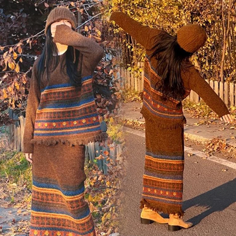 孕妇装秋冬款套装复古慵懒风流苏针织毛衣减龄穿搭半身裙两件套女