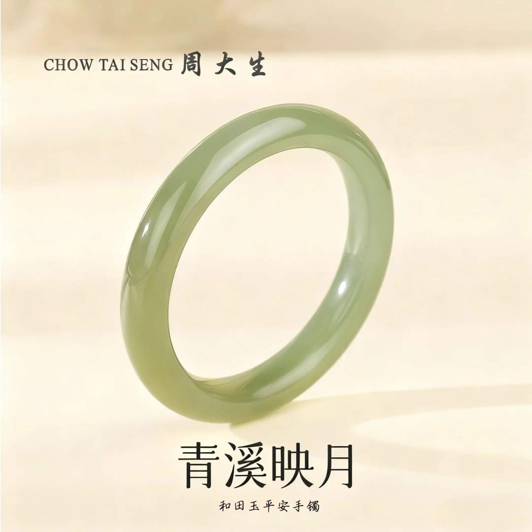 【圣诞礼物】周大生清川和田玉青玉手镯晴水湖水绿