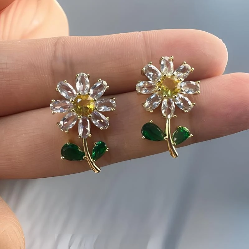合金耳饰 精致微镶锆石绿叶花朵耳钉清新耳钉2025年新款潮耳饰女