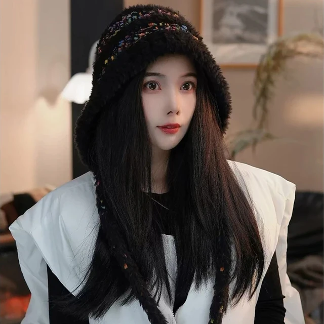 ins彩虹糖豆~甜美流苏毛绒冬天女2025新款秋冬百搭绑带护耳包头帽