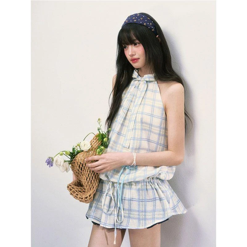 【正确版】格子挂脖连衣裙女无袖高级感2025新款法式背心裙子夏