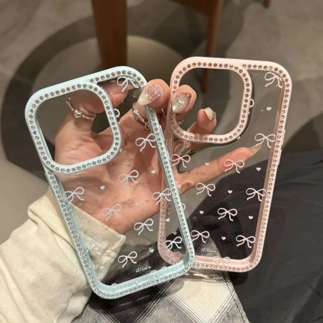 ins风爱心蝴蝶结点钻边框适用iphone16promax手机壳苹果15女14/13