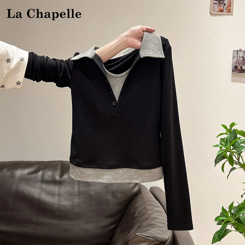 拉夏贝尔撞色百搭辣妹假两件翻领正肩长袖T恤女初秋新款修身上衣