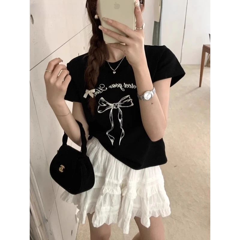 蝴蝶结印花短袖T恤女设计感小众正肩显瘦夏季韩版休闲百搭上衣潮