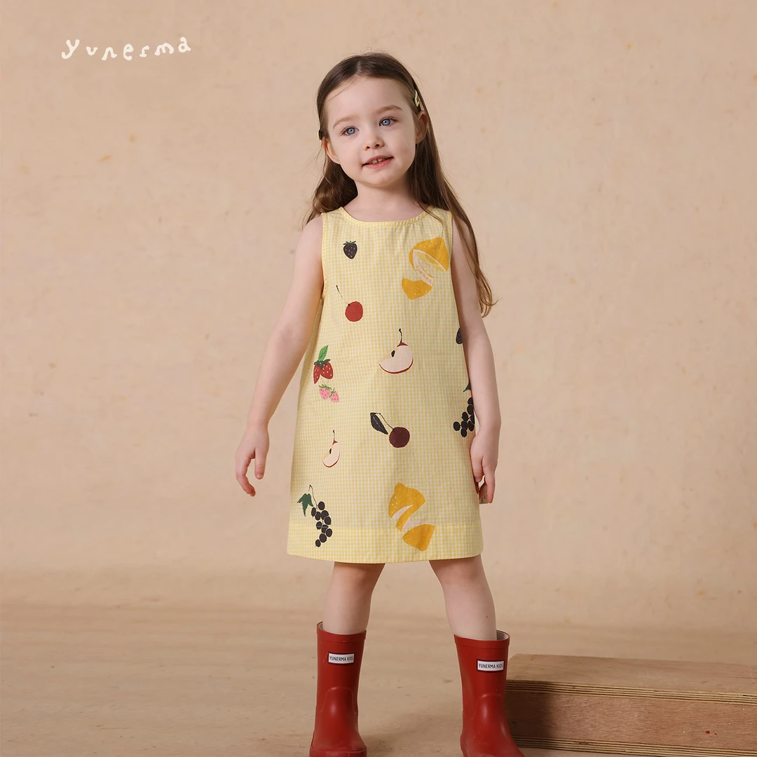 【韩系可爱】简约复古气质水果印花格子背心连衣裙
