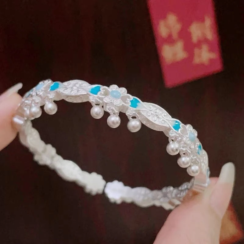 足银手镯 蓝盈花足银999.9手镯开口镯新中式国风珐琅彩百搭