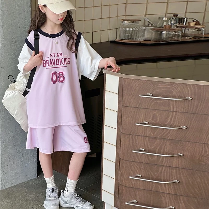 25夏季新品  女童假两件短袖休闲运动套装短款中大童休闲套装6176