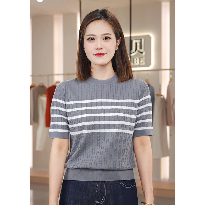 条纹圆领打底衫女装短袖套头毛针织衫春夏1N2085