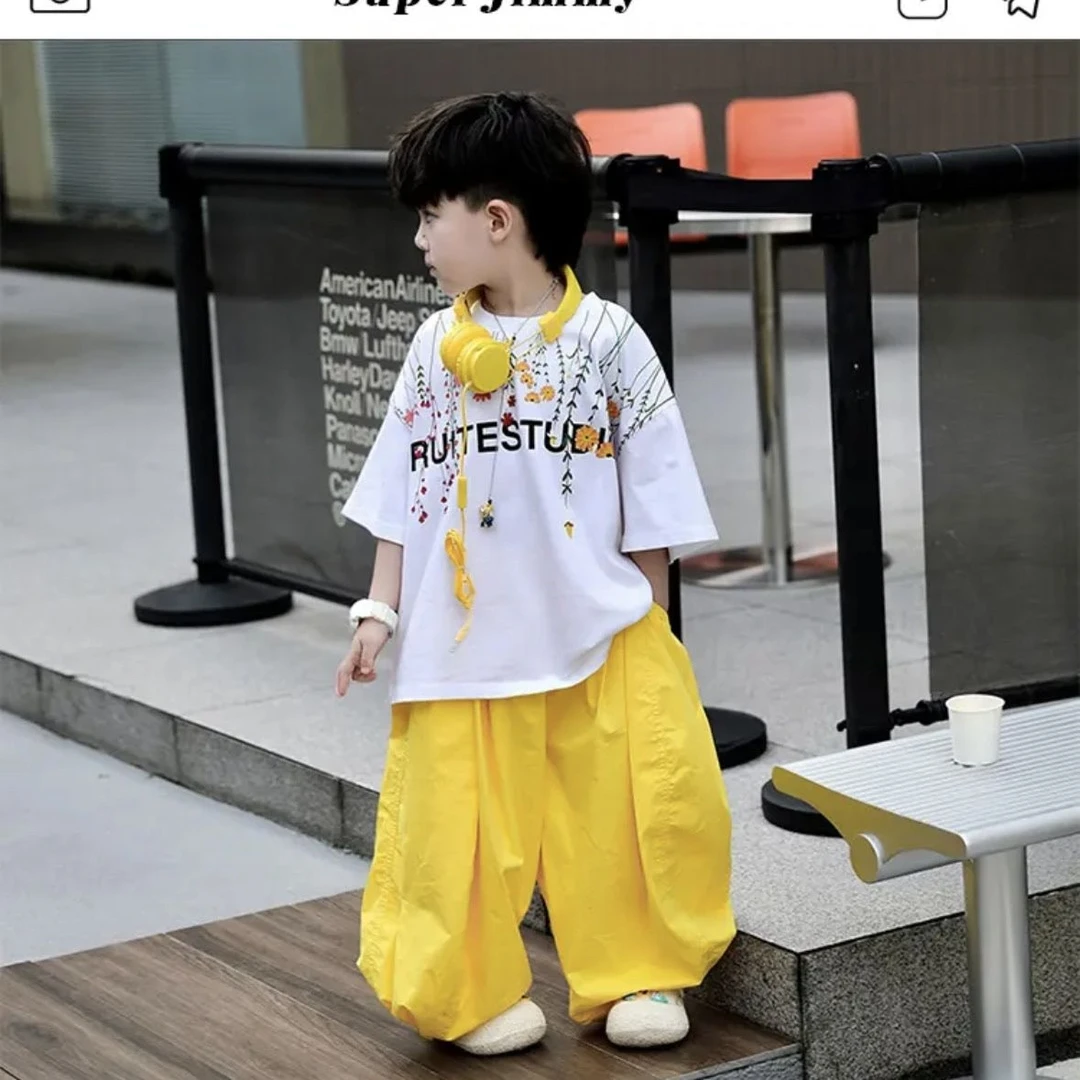 夏日多巴胺穿搭套装男童新款夏季儿童印花短袖轻薄透气防蚊裤套装