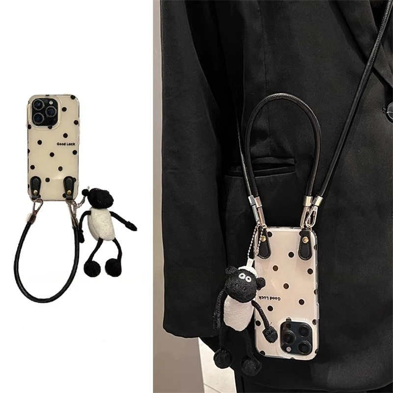 黑白波点斜挎可背挂绳适用iPhone16promax苹果15手机壳14公仔13女