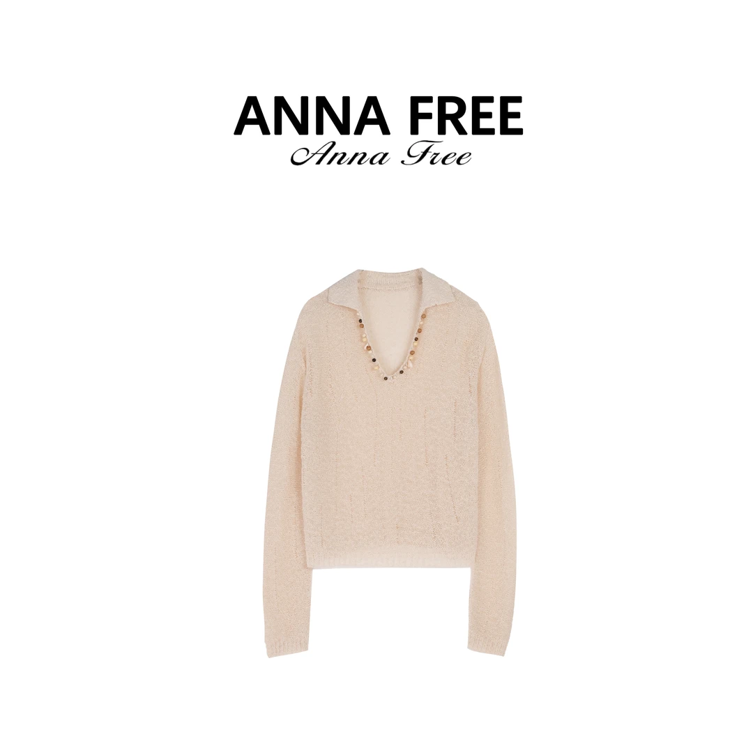 ANNA FREE 新款透气网状薄款长袖V领夏季时尚针织衫Z8574