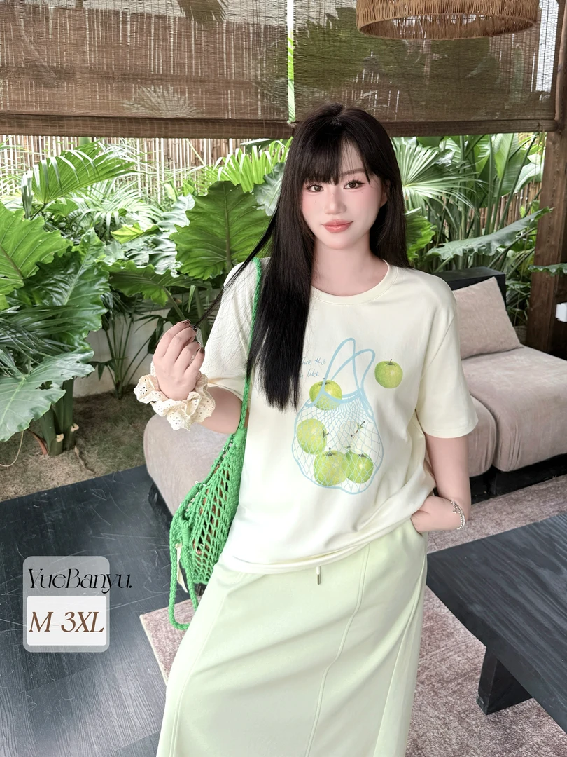 月半鱼【苏打水】夏季小清新显瘦T恤女百搭通勤上衣+半裙两件套