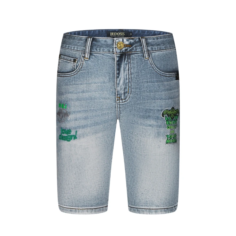 JEDOSS/爵迪斯2025夏季新款宽松蓝色字母朋克风破洞修身牛仔中裤