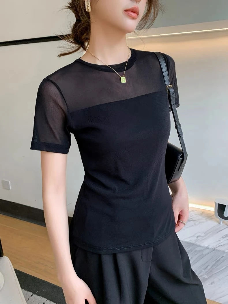 春夏款网纱简约短袖T恤女时尚百搭网纱蕾丝气质打底显瘦修身上衣