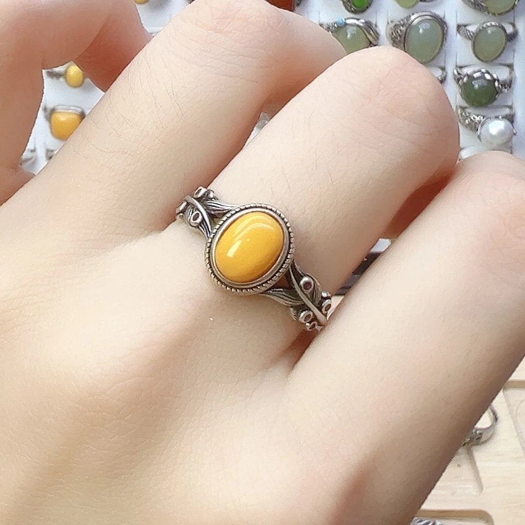 蜜蜡银S925镶嵌戒指，