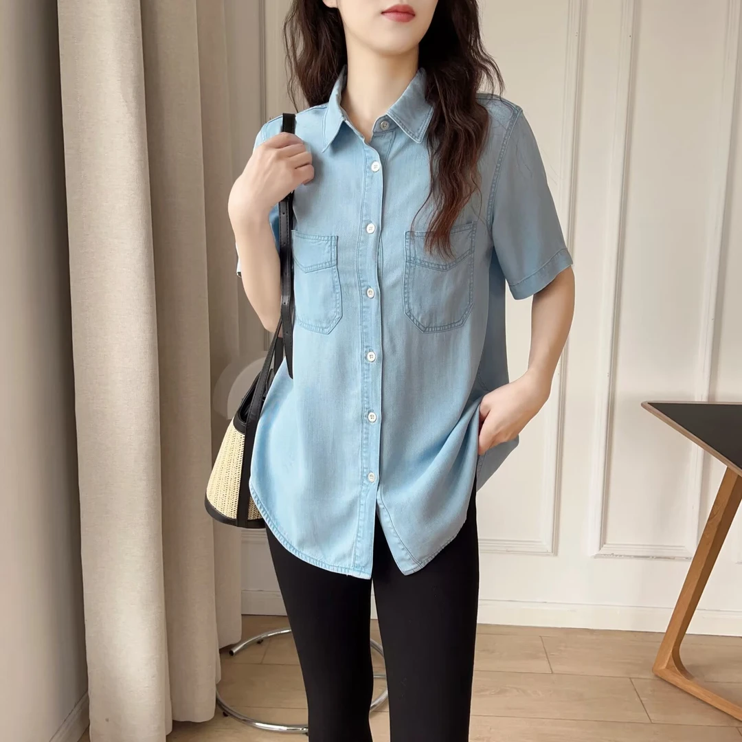 上衣小众垂感天丝牛仔时尚短袖衬衫女显瘦百搭薄款宽松休闲衬衣