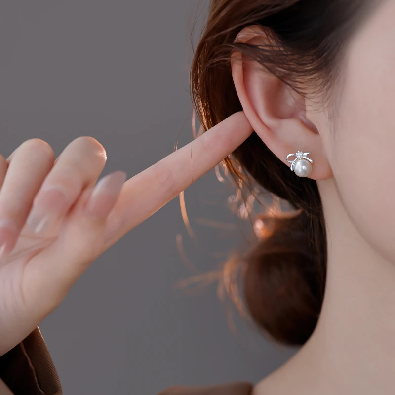 925银仿珍珠耳饰 925银蝴蝶结珠珠耳钉女2025新款爆款耳饰养耳洞