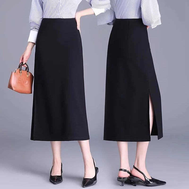黑色半身裙2025春秋新款高腰通勤两侧开叉显瘦气质直筒长裙包臀裙