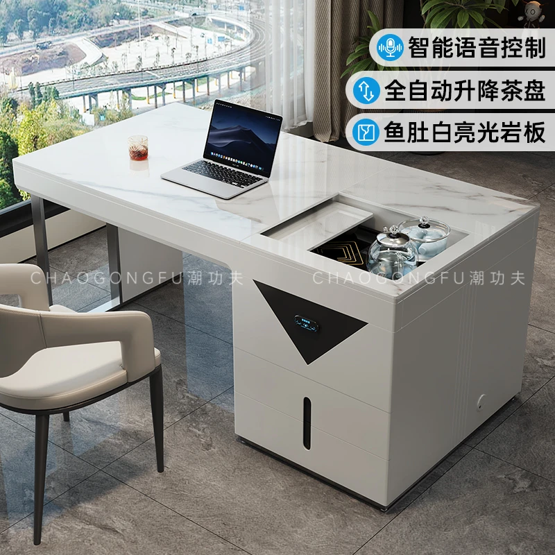 智能岩板茶桌办公桌一体现代简约办公室桌椅组合升降茶台两用