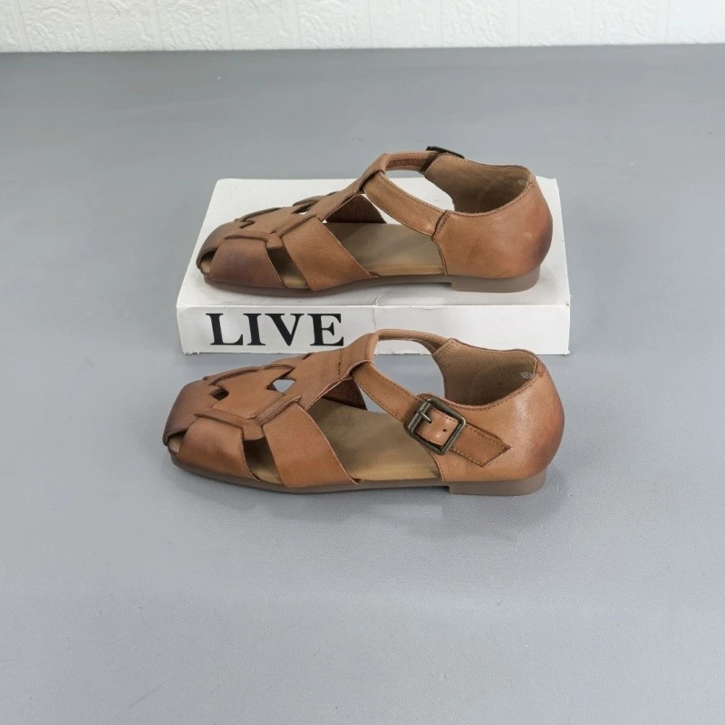 头层牛皮复古休闲凉鞋女2025夏季新款软面软底百搭一字扣罗马凉鞋