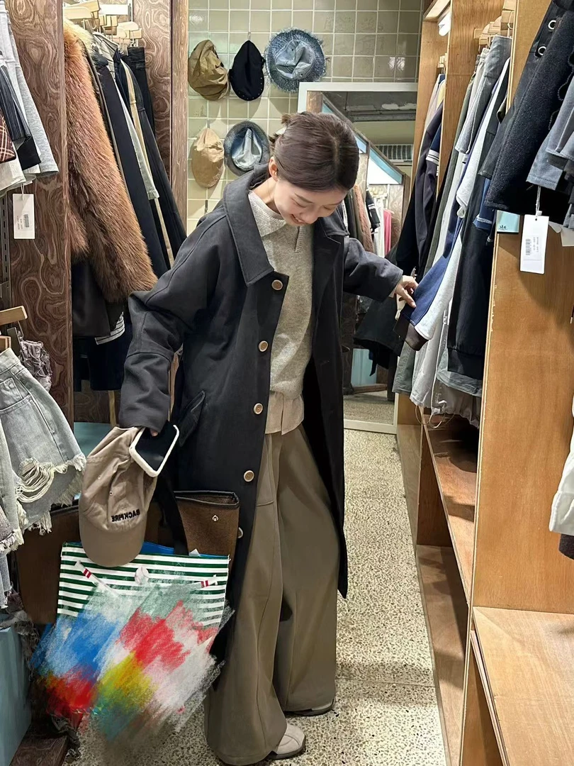 Peach自制 夹棉经典廓形翻领绑带洗水棉加厚风衣长款外套 10017