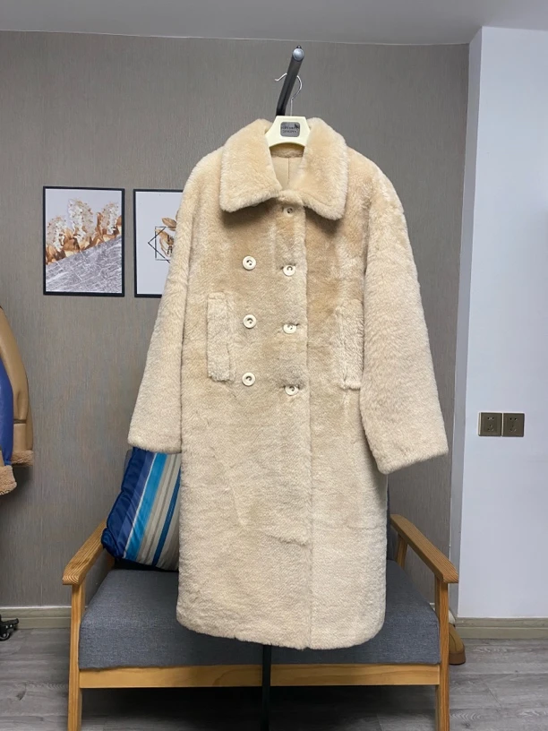 真毛真皮纯天然皮毛一体洛曼羊毛羊皮优雅气质毛毛中长大衣外套