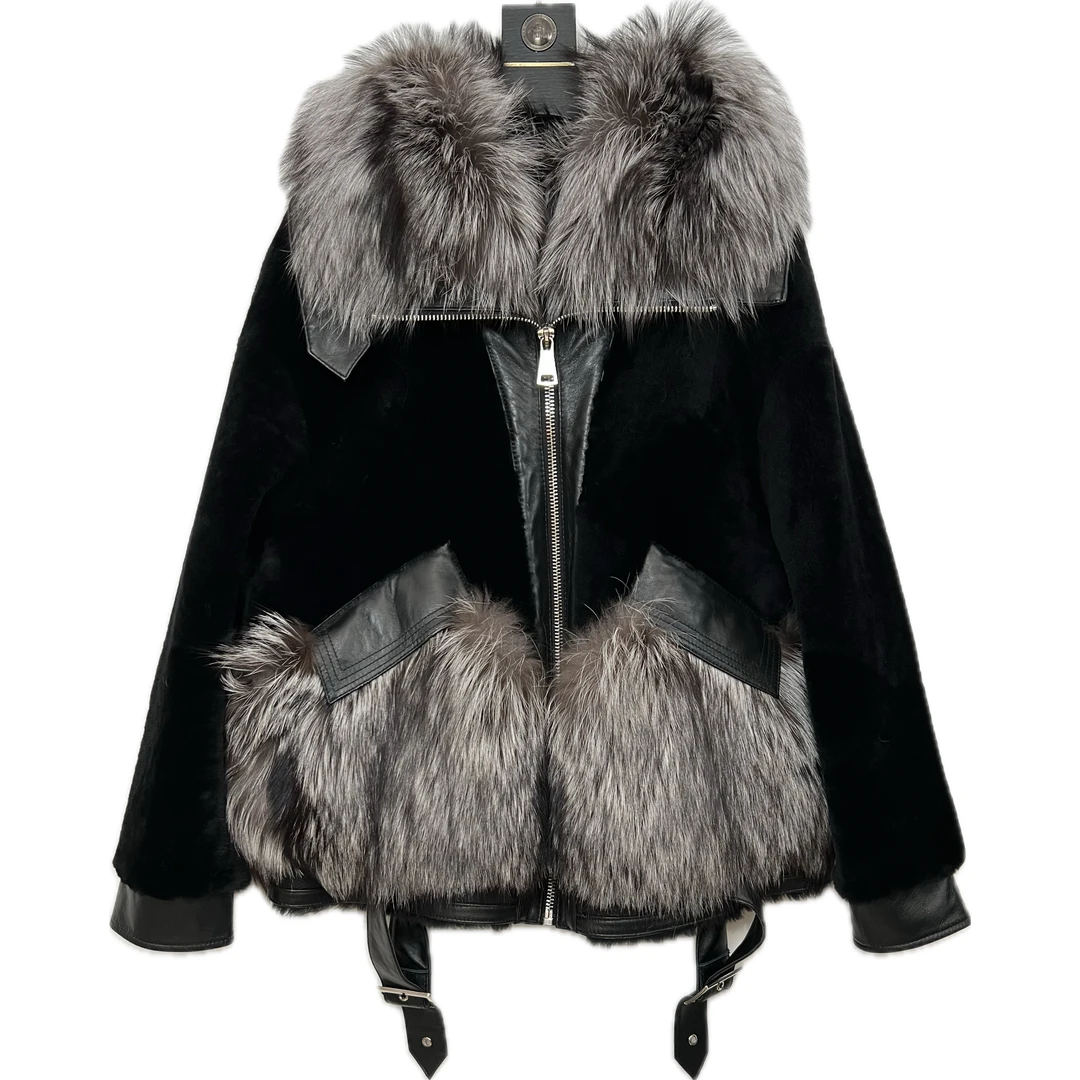 设计师时尚复古风法式黑色羊皮毛一体外套（业）2112